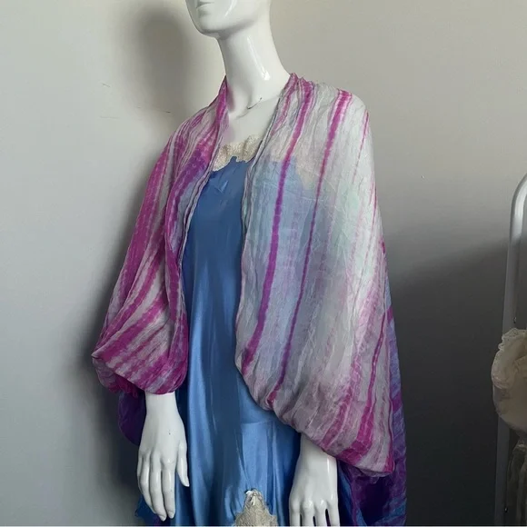 Vintage 100% Silk Shawl – Hand-Dyed Look, Pink & Lavender Stripes - Picture 2 of 6